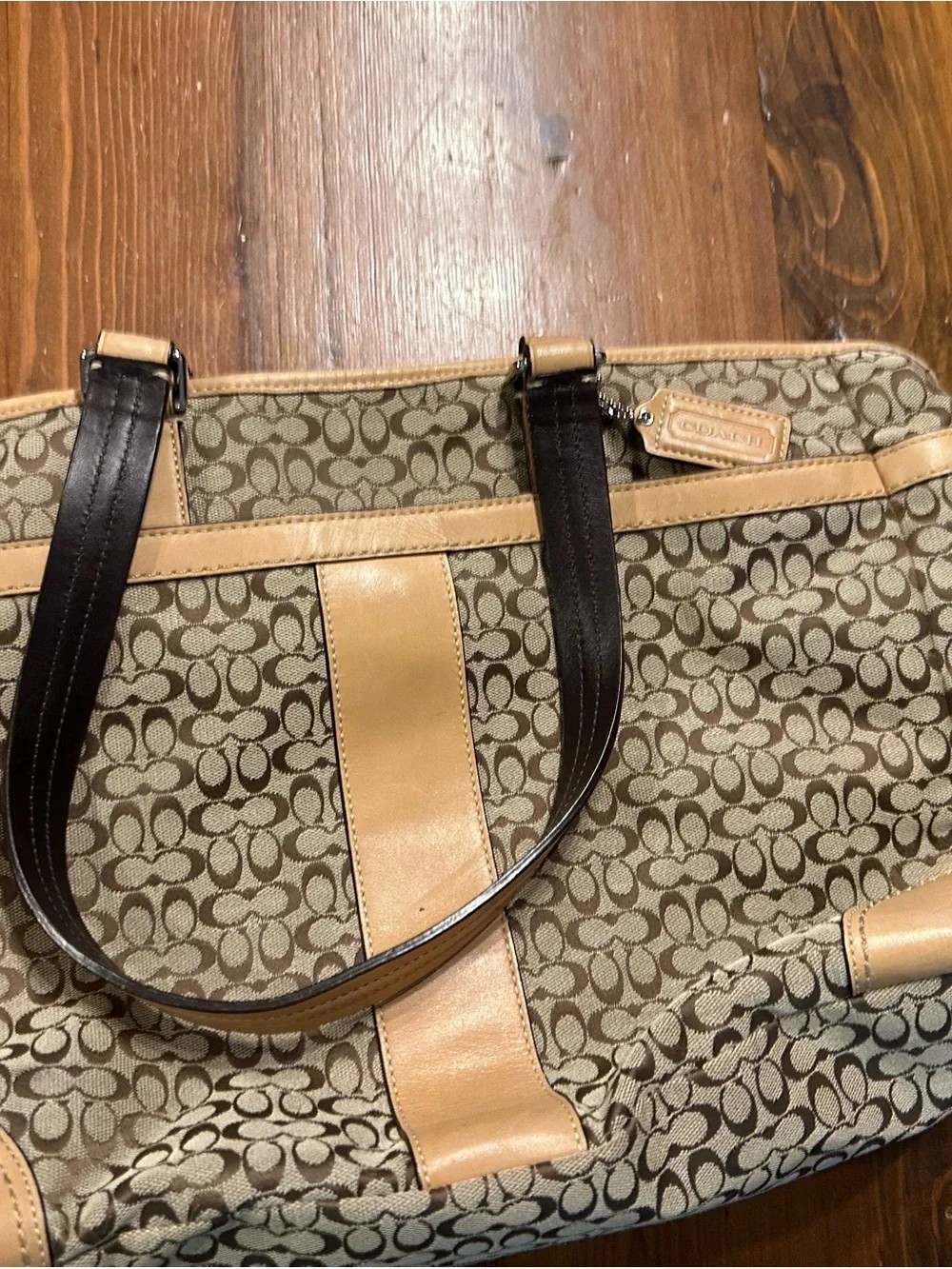 Coach Khaki Canvas Tote with Tan Trim and Dark Brown Straps Signature C